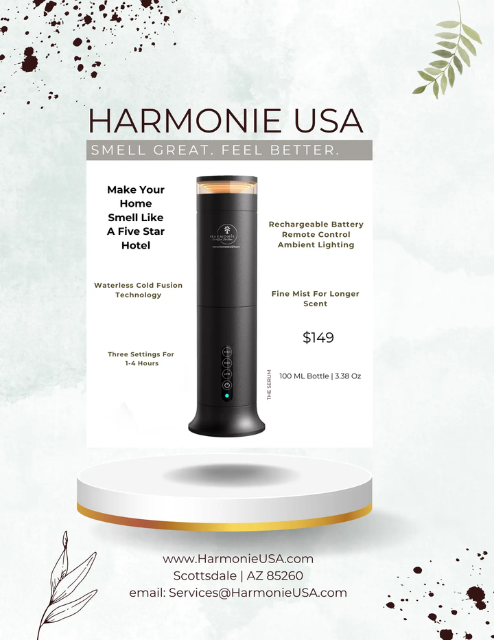 A black tower oil diffuser from Harominie USA with a light on top and a rechargeable USB port.