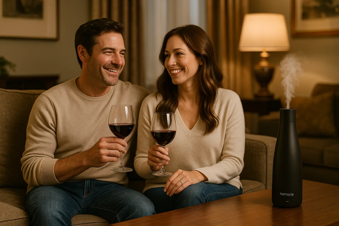 a man a woman drinking red wine dressed casually in an affluent living room with a Harmonie black tower air diffuser dispering essential oil on a table nearby