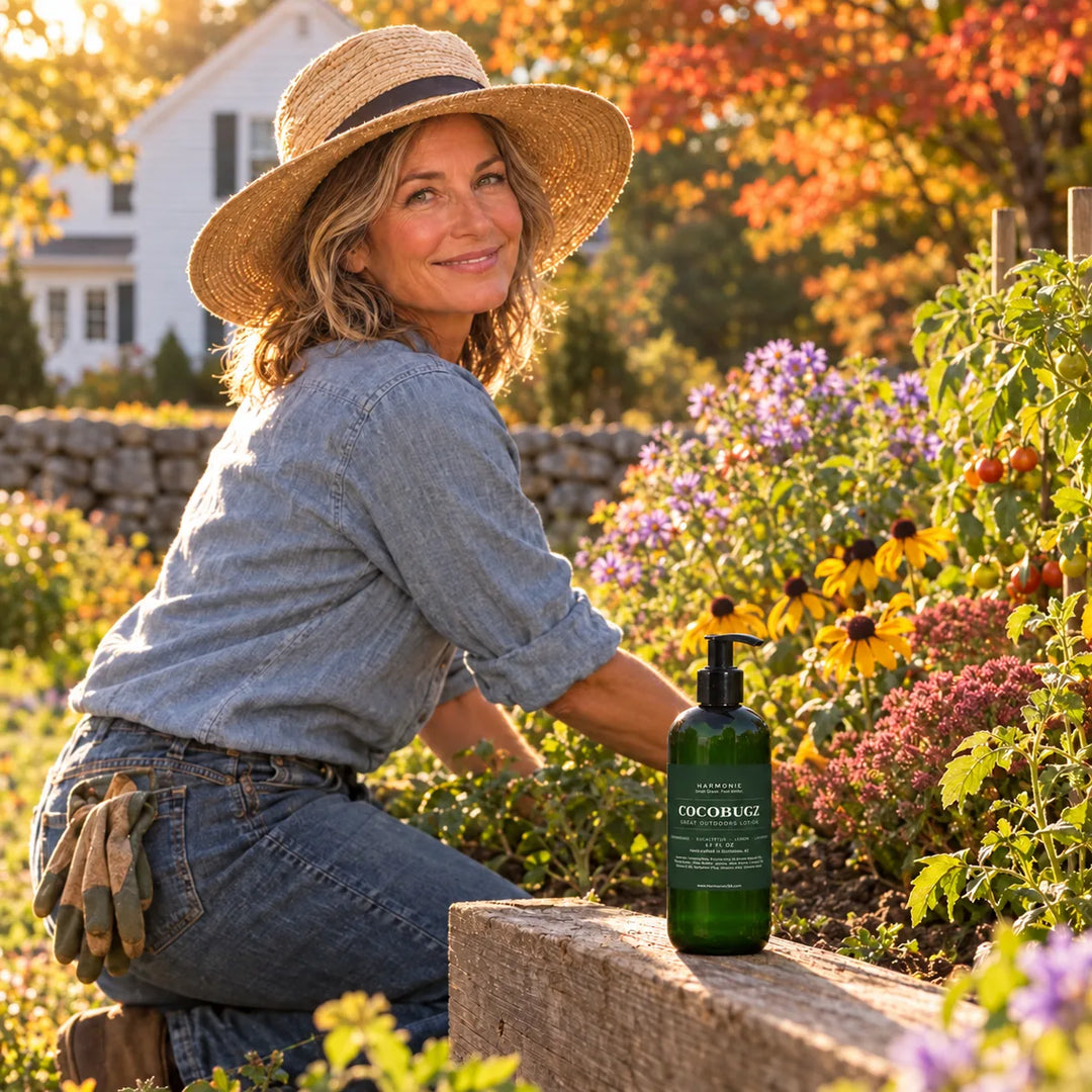 Smiling woman in a straw hat kneeling in a New England cottage garden on a warm late-September afternoon, CocoBugz Great Outdoors Lotion on the raised bed