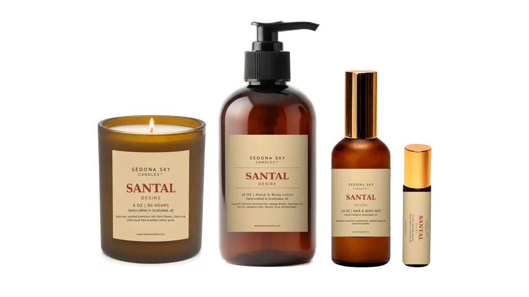 Santal Desire collection, amber glass lotion, mist and roller with matte Amber Sand labels