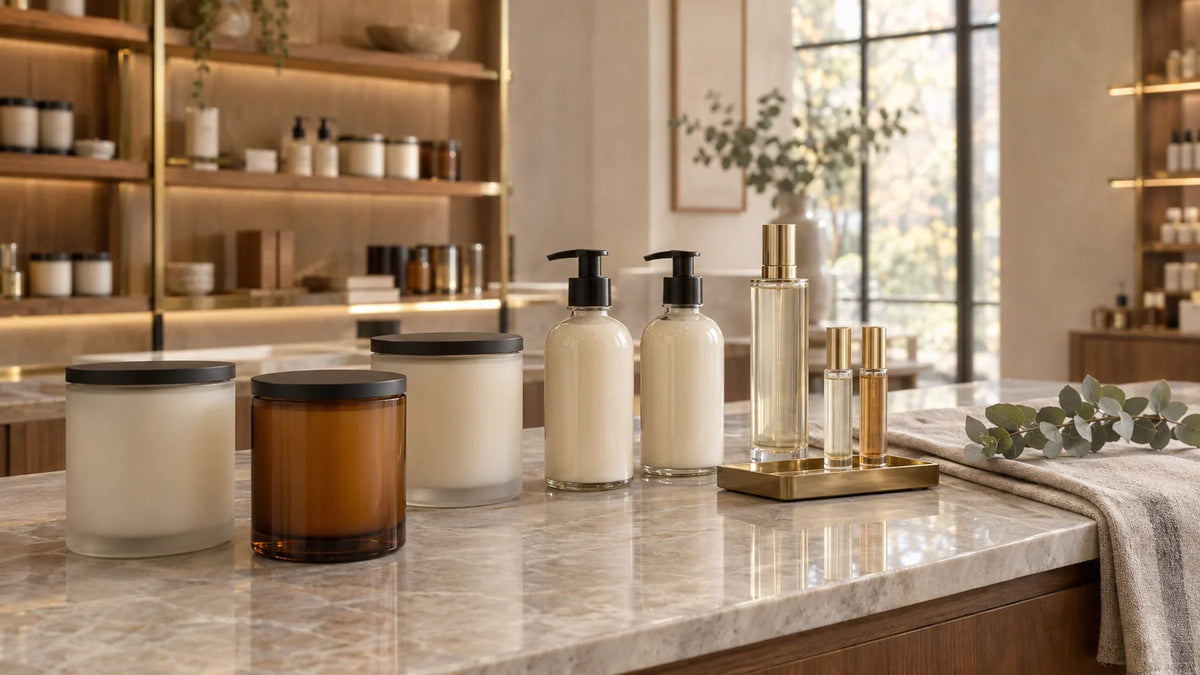 Harmonie candles, lotions, room mist and perfume rollers displayed on a marble boutique counter with warm oak shelving behind