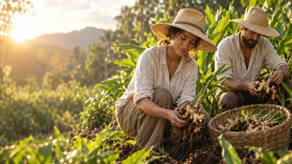 A woman and a man in wide-brimmed sun hats harvesting wild ginger outdoors in bright sunlight