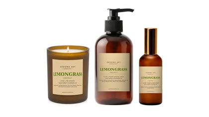 Lemongrass Energy collection, amber glass candle, pump lotion and mist with matte Amber Sand labels