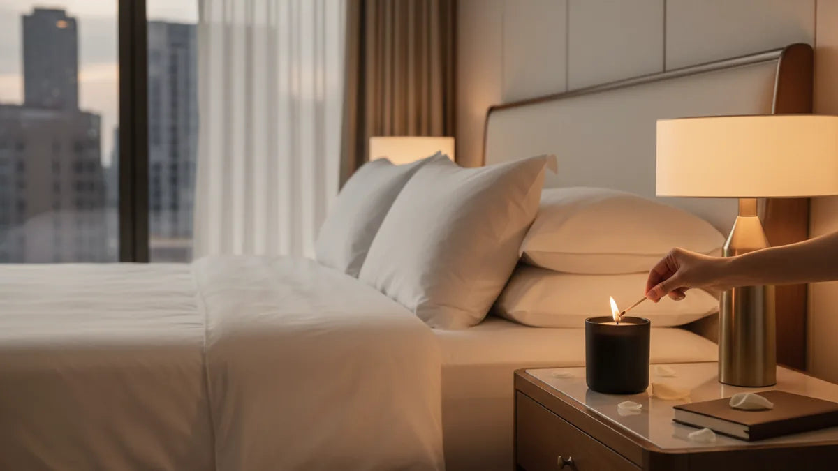 Pillow Talk Tuberose coconut wax candle in matte black glass on a nightstand beside a turned-down king bed at dusk