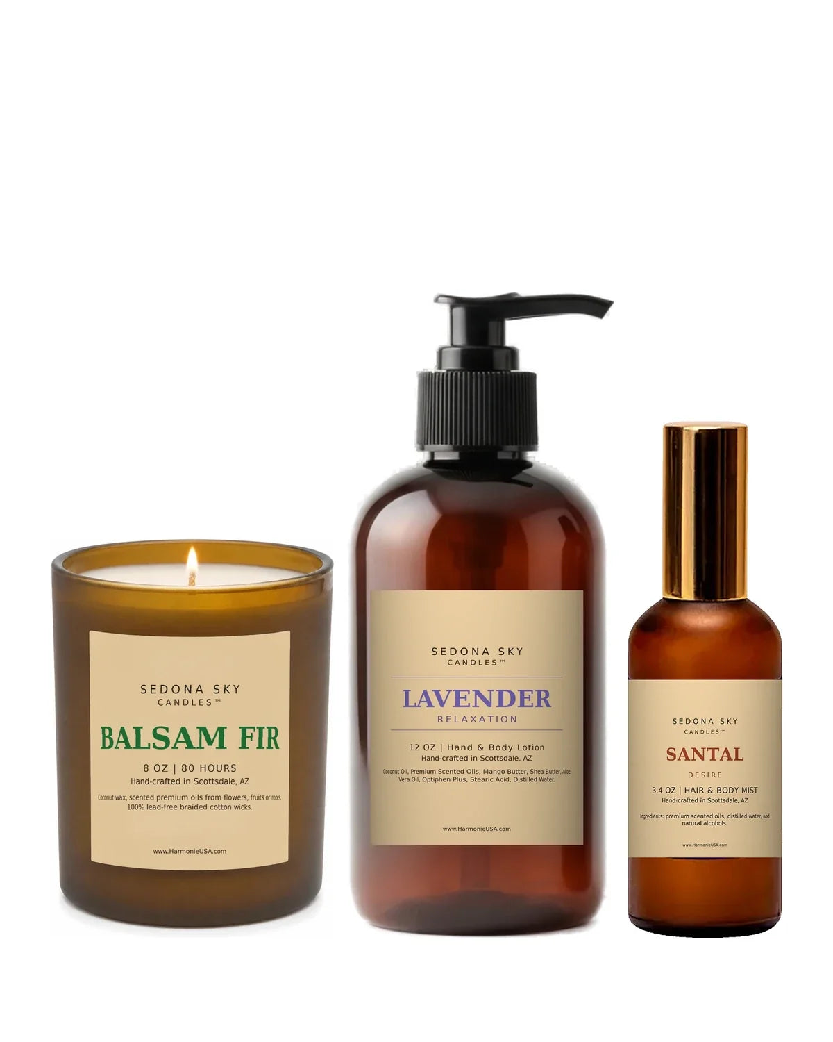 Sedona Sky collection, amber glass candles, lotions and mists with matte Amber Sand labels