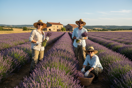 People harvesting lavender in a sunlit field