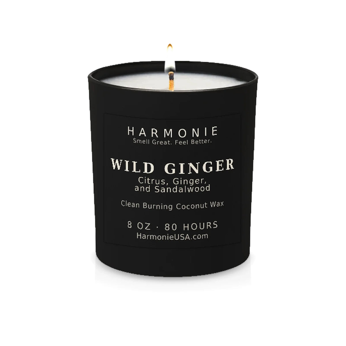 Harmonie Wild Ginger 8 oz coconut wax candle in matte black glass on a white background