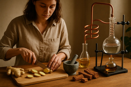 image of ginger root being cut by woman using a steam distillation process to produce fragrance oil with the ginger show some sandal wood on the table next to a natural stone mortar and pestle
