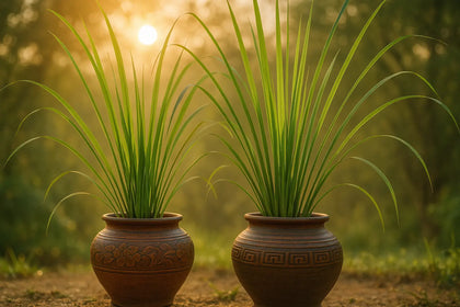 lemongrass growing in asia style clay vessels with the sun in background