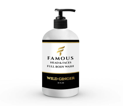 White bottle of 'Famous Head & Faces' wild ginger full body wash on a white background