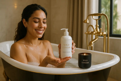 a beautiful hispanic woman is relaxing in a black white and gold luxury soaking tub in her upscale home in california.   She has a black matte 11 oz candle vessel with Wild Ginger printed on it on the side of the tub.  She is apply a 16 oz white bottle of body gel on her hand while smiling with anticipation and the wild ginger body wash is printed on the bottle in gold.