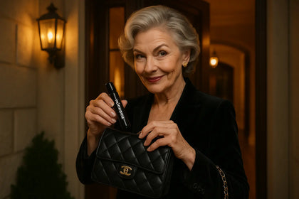 A beautiful, affluent older woman is placing a black glass perfume roller with Harmonie printed on it in her chanel purse as she heads out the door of her house at night with a mischevious smile and look her face 