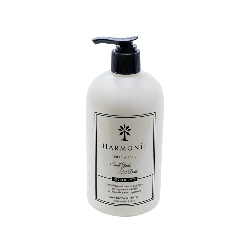 Harmonie Pillow Talk Body Lotion 16 oz, white pump bottle with black cap and Pillow Talk tuberose label on white background