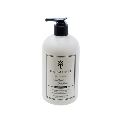 Harmonie Pillow Talk Body Lotion 16 oz, white pump bottle with black cap and Pillow Talk tuberose label on white background