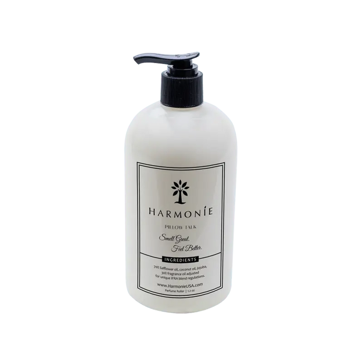 Harmonie Pillow Talk Body Lotion 16 oz, white pump bottle with black cap and Pillow Talk tuberose label on white background