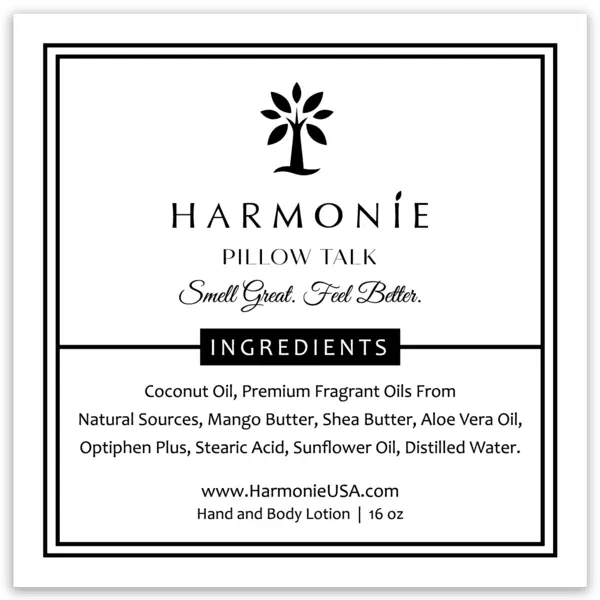 Harmonie Pillow Talk Body Lotion 16 oz, close view of the white pump bottle and Pillow Talk tuberose label