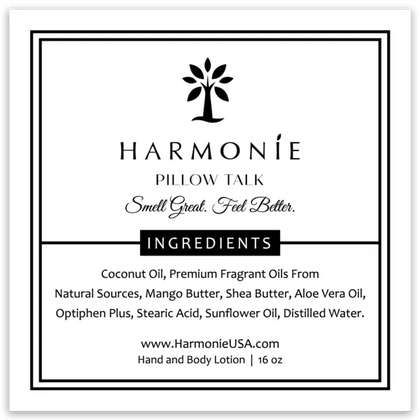 Harmonie Pillow Talk Body Lotion 16 oz, close view of the white pump bottle and Pillow Talk tuberose label