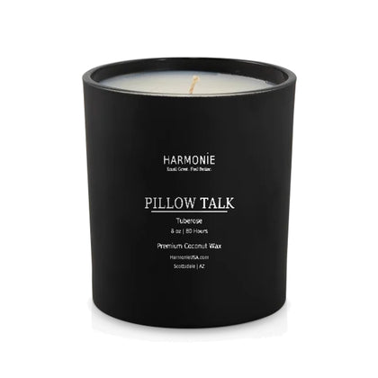 Pillow Talk Tuberose Candle in a black matte glass vessel by Harmonie Home & Body
