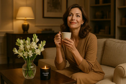 an attractive woman is her forties is sitting on a sofa in a elegant home drinking a cup of tea with a longing and happy look on her face on the table is a vase of tuberose flowers and next to the vase is a black glass candle vessel with its candle wick lit and the words Pillow Talk are printed on the black candle vessel