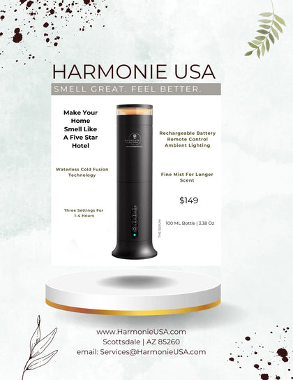 A black tower oil diffuser from Harominie USA with a light on top and a rechargeable USB port.