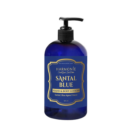 Blue bottle of Harmoné Santal Blue hand and body lotion on a white background