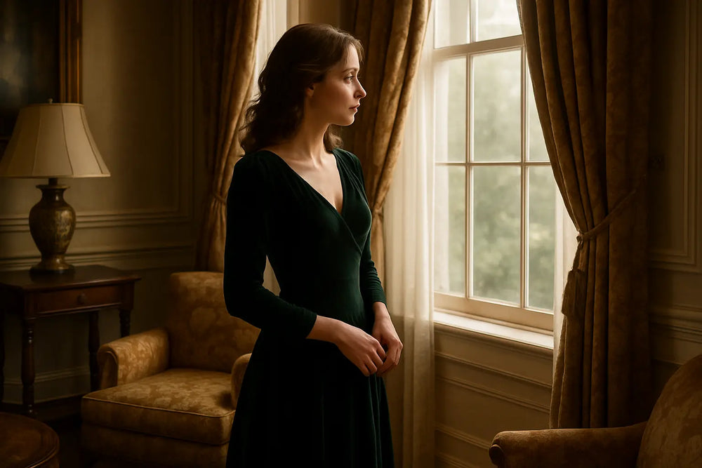 woman looking out the widow of her affluent home with a look of desire 