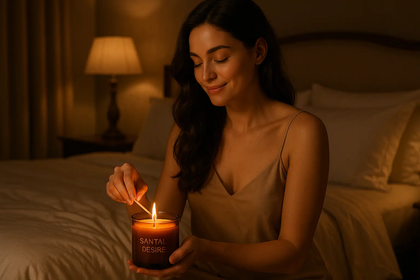 a picture of a beautiful brunette woman sitting on the edge of her turn down elegant bed for nightime is lighing a candle in an amber colored glass with the words Santal Desire printed on the front in white letters, she is quietly similng thinking positive thoughts to herself