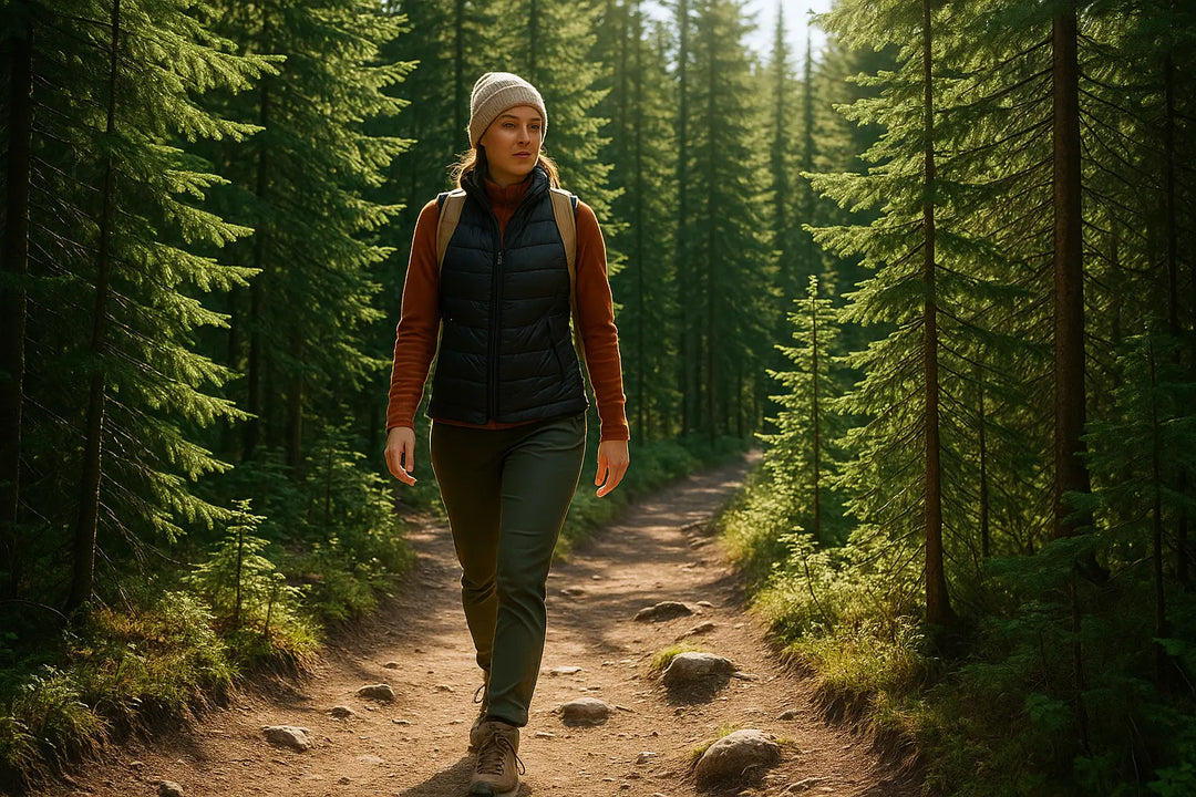 a woman dressed in upscale hiking clothes and vest walking on a trail in forest of balsam fir trees in the sunshine