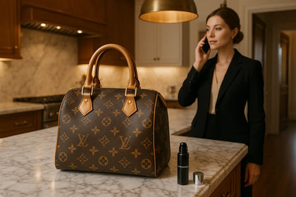 a woman's lxury letter purse in the style of louis vitton is stitting on a counter in a upscale kitchen near an open door in the kitchen an elegant woman is standing next to counter talking on her phone on the counter near the purse is a small black glass perfume roller standing on its end with Harmonie printed on it the silver cap is off and the last thing she will do is use the perfume roller before she leaves the kitchen through the door