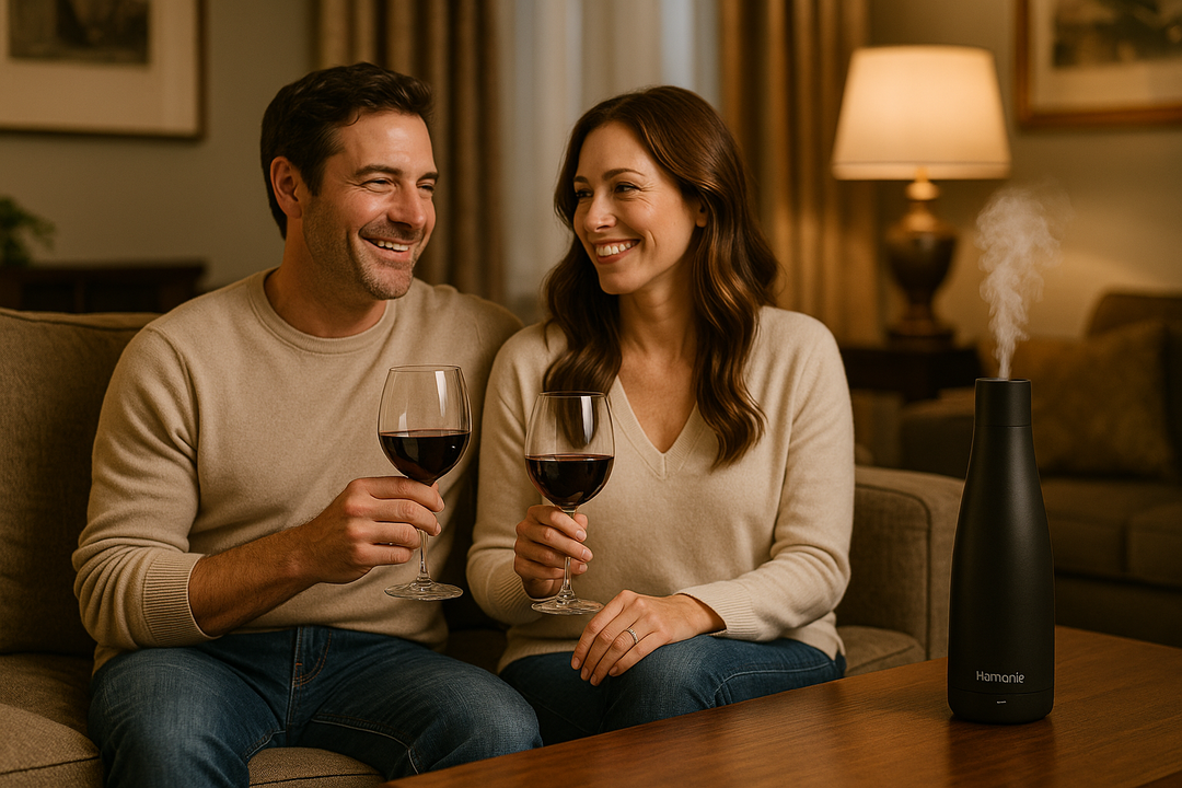 a man a woman drinking red wine dressed casually in an affluent living room with a Harmonie black tower air diffuser dispering essential oil on a table nearby