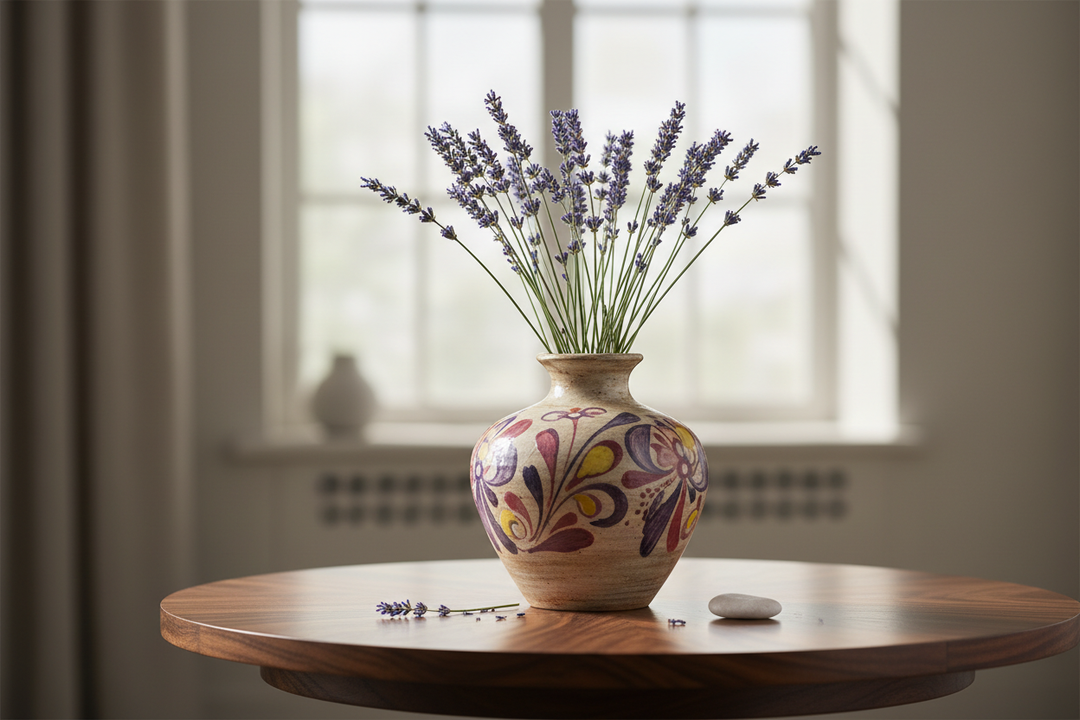 a mobile optimized for speed and resolution of lavender displayed in an natural ceramic vase with purple red and yellow color motif setting on top of an expensive round wooden table