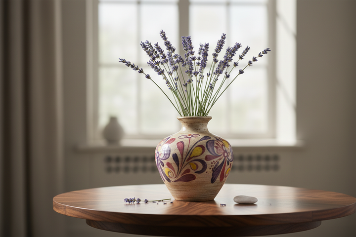 a mobile optimized for speed and resolution of lavender displayed in an natural ceramic vase with purple red and yellow color motif setting on top of an expensive round wooden table