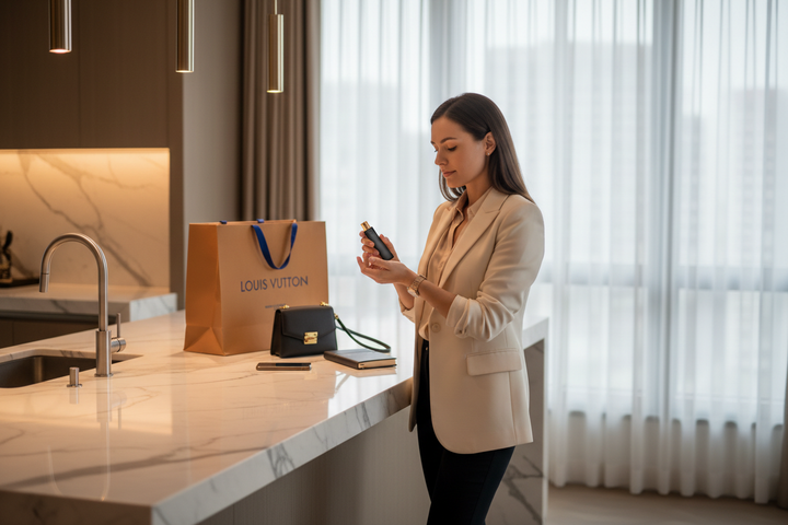 a professional woman is standing in her kitchen with a black matte glass perfume roller being applied to her left wrist in the background on the counter is her mobile phone next to a Louis Vuitton purchase it is clear she preparing to live for her meeting optimize for best mobile size, resolution, and speed