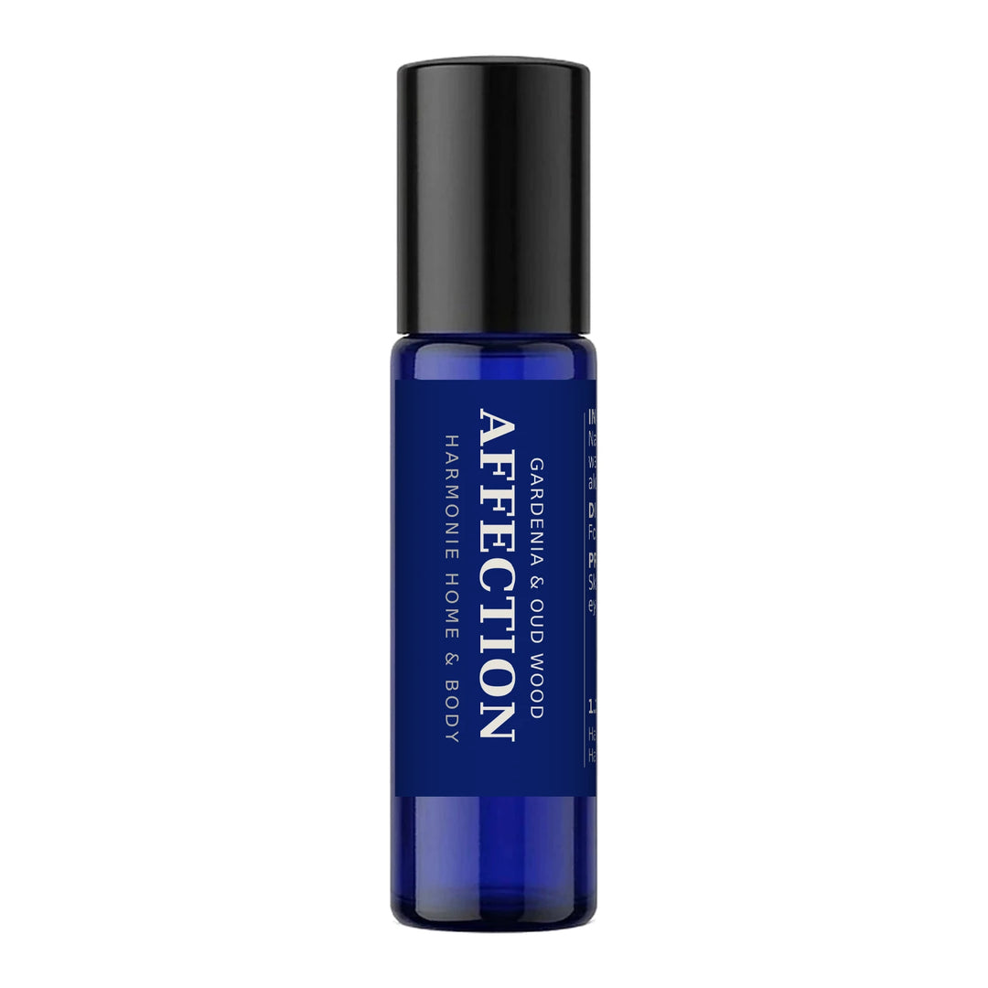 Affection perfume roller, 1.2 oz amber glass bottle with cobalt blue Affection label, Harmonie Home & Body