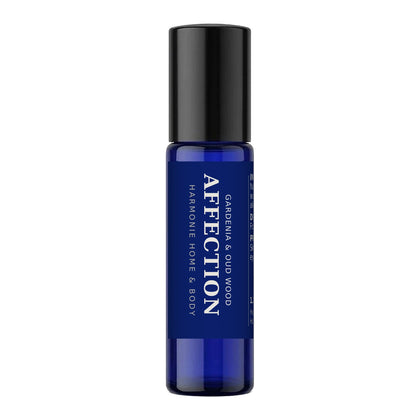 Affection perfume roller, 1.2 oz amber glass bottle with cobalt blue Affection label, Harmonie Home & Body