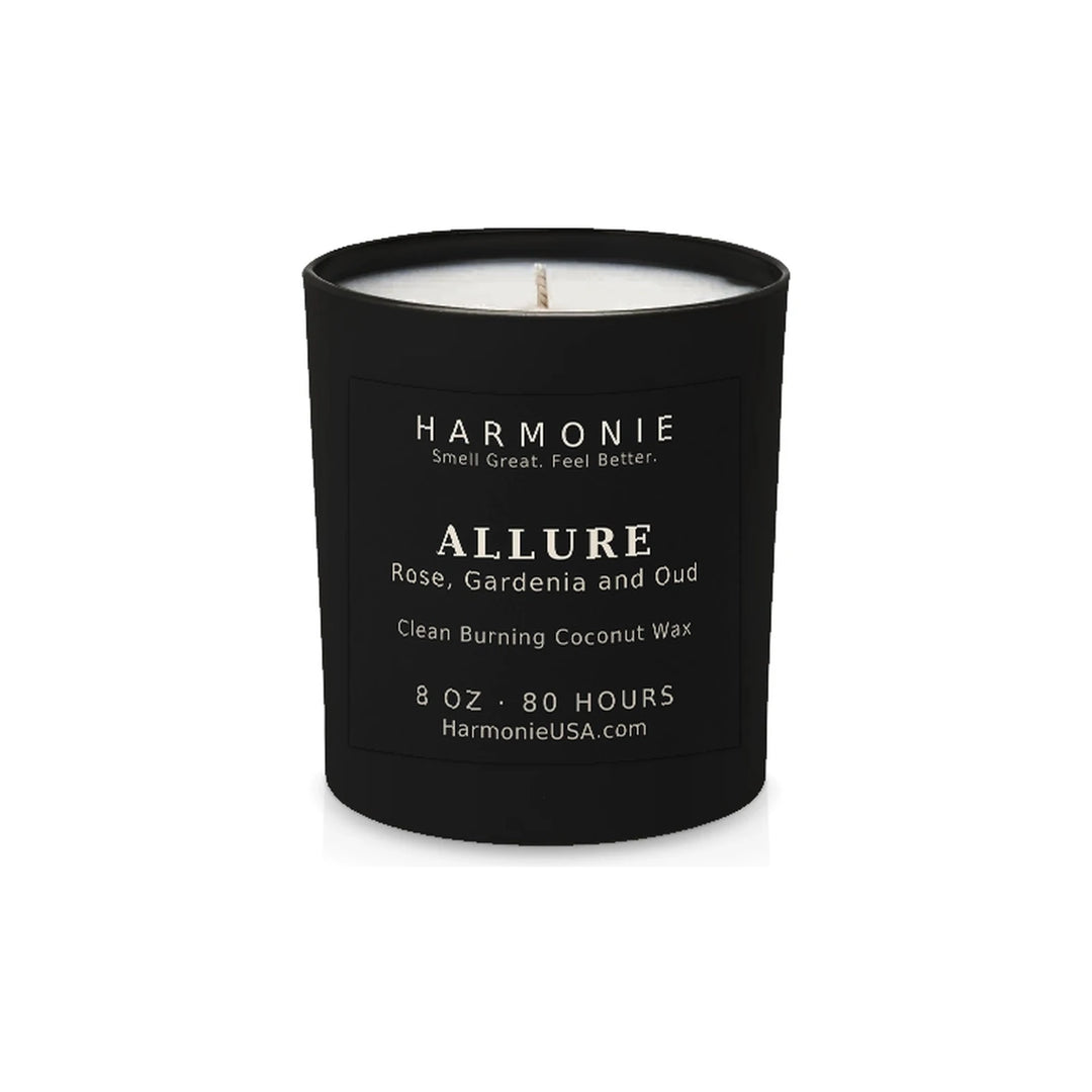 Harmonie Allure coconut wax candle, 8 oz, 80 hour burn time, matte black glass vessel with a single wick, unlit, on a white background