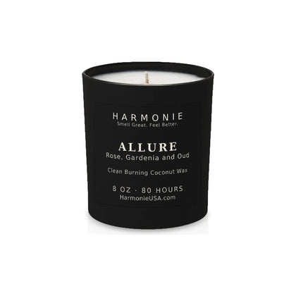 Harmonie Allure coconut wax candle, 8 oz, 80 hour burn time, matte black glass vessel with a single wick, unlit, on a white background