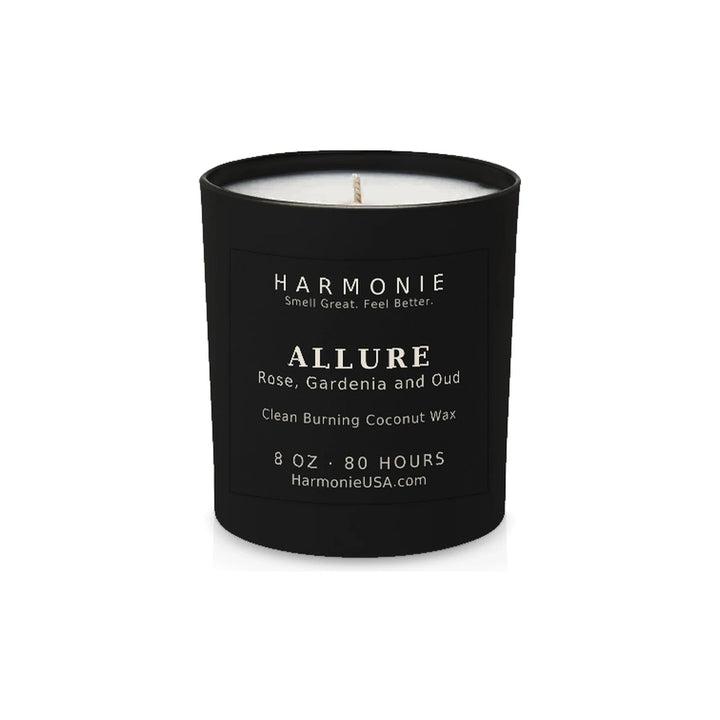 Harmonie Allure coconut wax candle, 8 oz, 80 hour burn time, matte black glass vessel with a single wick, unlit, on a white background
