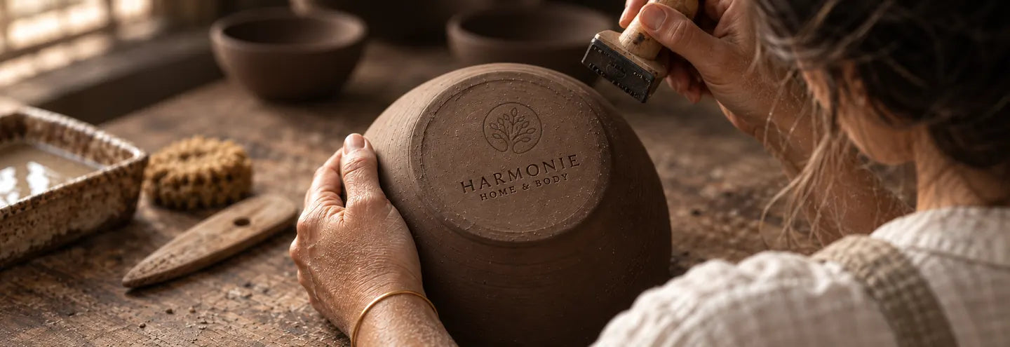 A ceramicist presses the Harmonie Home & Body maker's mark into the base of an unglazed stoneware bowl in her studio