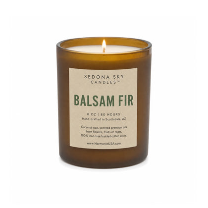Balsam Fir Pine Candle in Sedona Sky amber glass, 8 oz