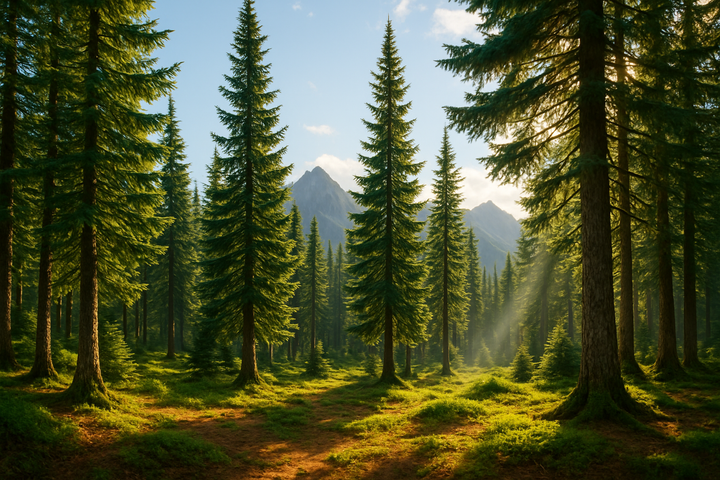 Balsam Fir Tree Gove In A Brightly lit forest in the mountains