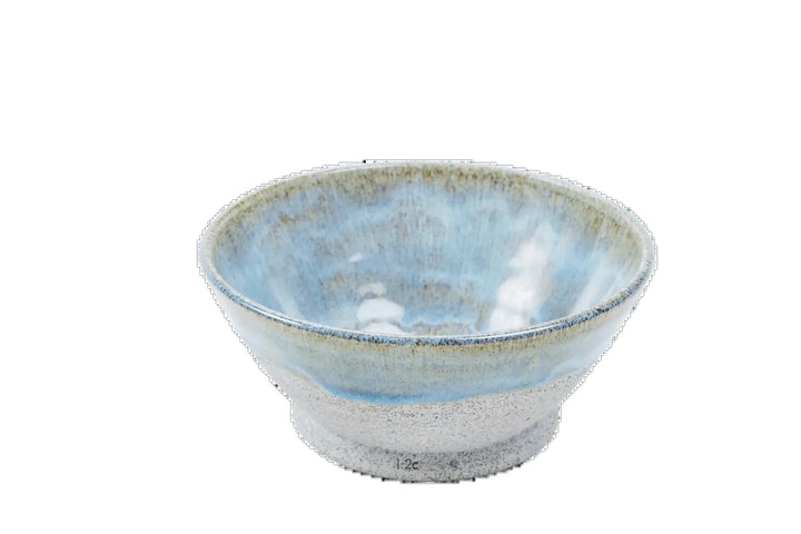 Eight-ounce dragonfruit clay bowl with pale blue interior glaze and raw stoneware rim