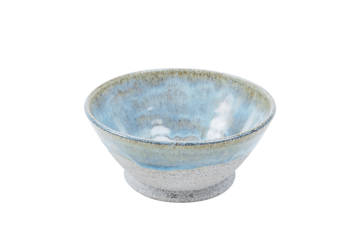 Eight-ounce dragonfruit clay bowl with pale blue interior glaze and raw stoneware rim
