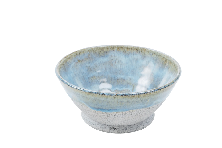 Eight-ounce dragonfruit clay bowl with pale blue interior glaze and raw stoneware rim