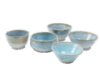 Five blue-glazed dragonfruit clay bowls in graduated sizes grouped together