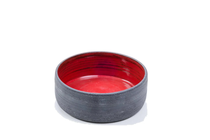 Bright red glazed 14 oz ceramic vessel with grey stoneware exterior
