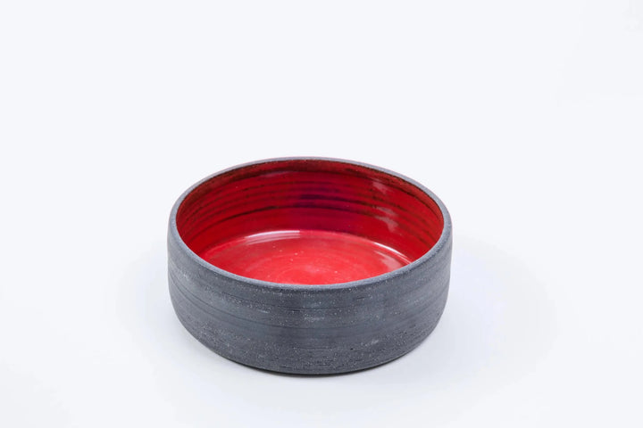 Bright red glazed 14 oz ceramic vessel with grey stoneware exterior