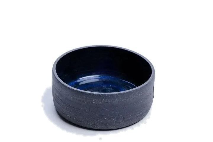 Dark blue glazed 14 oz ceramic vessel with grey stoneware exterior