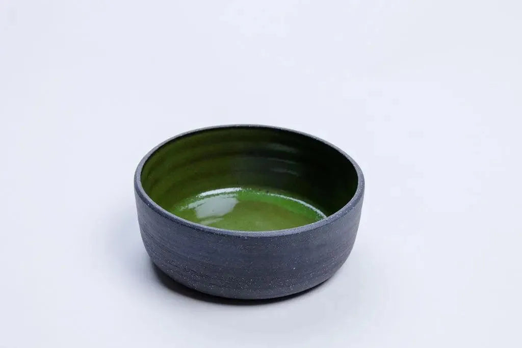 Green glazed 14 oz ceramic vessel with grey stoneware exterior