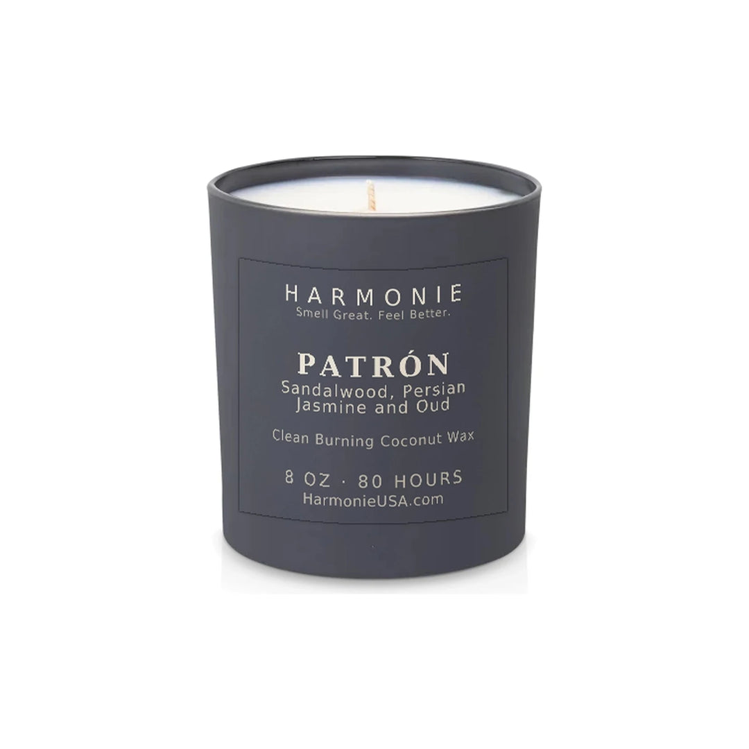 Harmonie Patrón coconut wax candle, 8 oz, 80 hour burn time, matte charcoal grey glass vessel with a single wick, unlit, on a white background